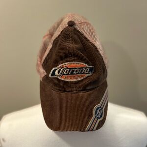 brown corduroy corona hat logo beer snap vintage